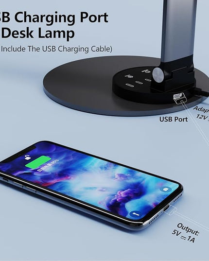 LED Desk Lamp for Home Office, Bright Desk Light Reading Table Lamps Eye-Care Touch Control with USB Charging Port, 3 Color Temperatures, 6 Brightness lighting for Desktop Study - LeafyLoom