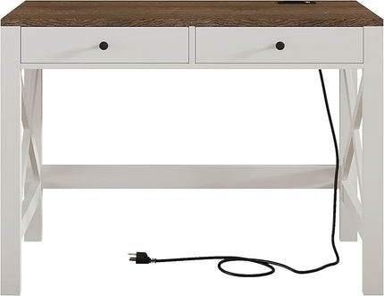 ChooChoo Farmhouse Desk with USB Charging Ports and Power Outlets, 39" Computer Desk with Drawers, Small Study Writing Table with Stable X Frame for Home Office - LeafyLoom