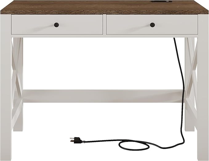 ChooChoo Farmhouse Desk with USB Charging Ports and Power Outlets, 39" Computer Desk with Drawers, Small Study Writing Table with Stable X Frame for Home Office - LeafyLoom