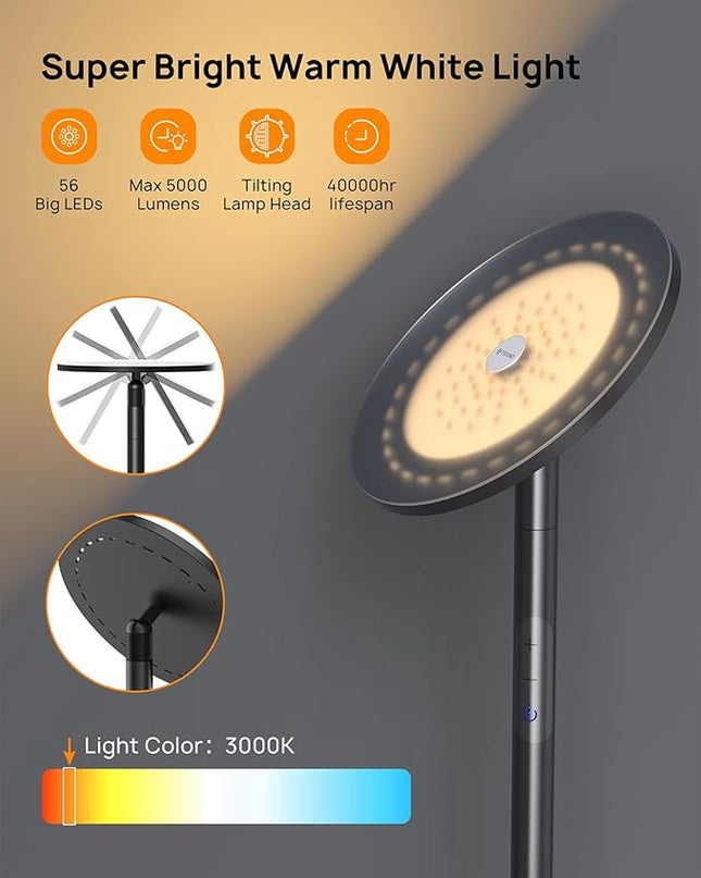 TROND Floor Lamp, 5000LM Super Bright Sky LED Modern Torchiere Standing Lamp, 3000K Warm White Light, 5-Level Dimmable, Modular 71 in Tall Pole Light, 30-Minute Timer for Living Room, Bed Room - LeafyLoom