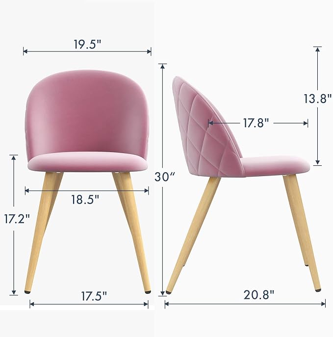 Accent Living Room Chairs - Pink Velvet Dining Chairs Set of 2, Vanity Armless Chair for Makeup Room, Bedrooms, Kitchen, Upholstered Side Chairs with Wooden-Like Legs - LeafyLoom