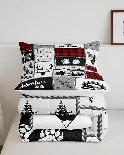 Deer Antlers Comforter Set Queen Size,Bear Paws Pine Trees Xmas Bedding Set for Kids Boys Girls Adults Room Decor,Lattices Patchwork Rustic Farmhouse Down Comforter,Red Duvet Insert,2 Pillowcases - LeafyLoom