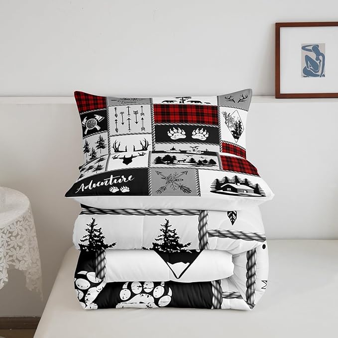 Deer Antlers Comforter Set Queen Size,Bear Paws Pine Trees Xmas Bedding Set for Kids Boys Girls Adults Room Decor,Lattices Patchwork Rustic Farmhouse Down Comforter,Red Duvet Insert,2 Pillowcases - LeafyLoom