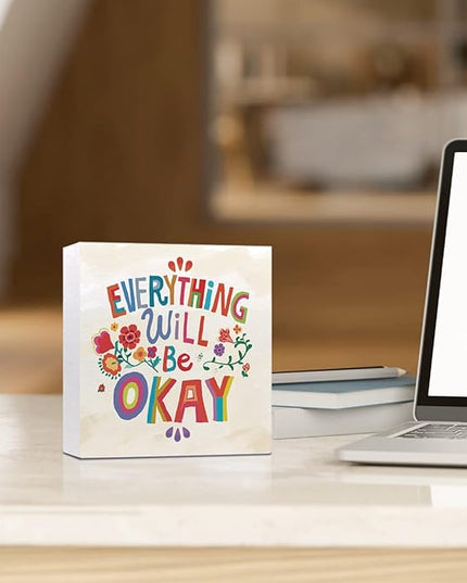 Ruvoty Everything Will Be Okay Colorful Word Art Wooden Sign Desk Decor,Inspirational Wood Block Sign Desk Decorations for Home Bedroom Dorm Office Desk Shelf Table Decor - LeafyLoom