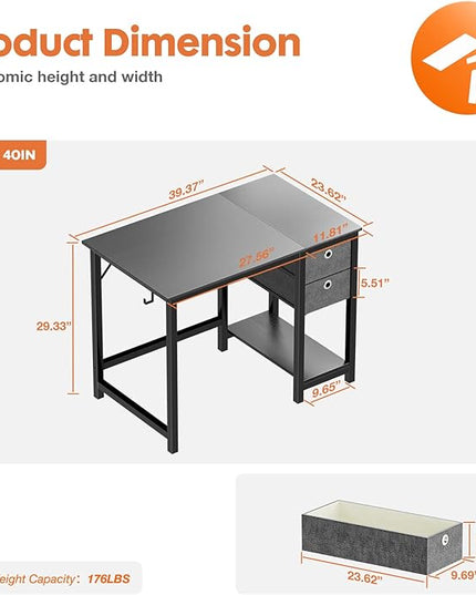 Sweetcrispy Computer Desk 40 Inch Home Office Writing Work PC Table Study Gaming 2-Tier Drawers Storage Shelf Side Headphone Hook, Modern Simple Style Small for Bedroom, Black Wood - LeafyLoom