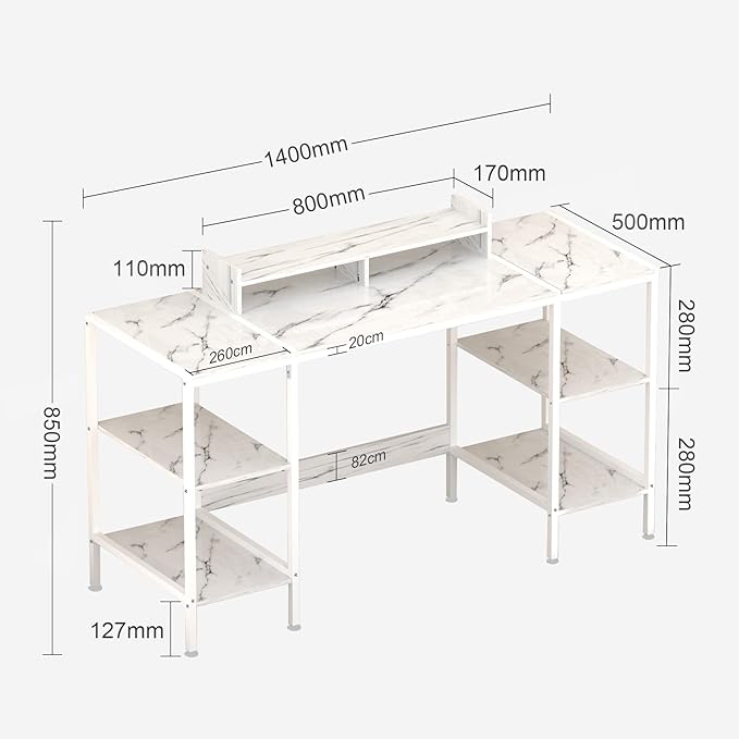 Computer Desk - 55 Inch Home Office Desk with Storage, Gaming Desk with Monitor Stand, Modern Simple Study Table, Adjustable Storage Space, White - LeafyLoom