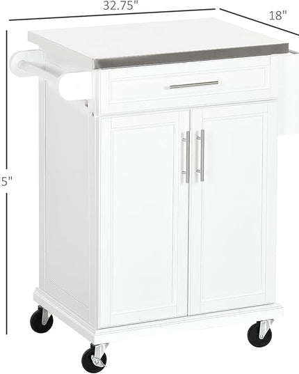 HOMCOM Kitchen Island on Wheels, Rolling Kitchen Cart with Stainless Steel Countertop, Drawer, Towel Rack and Spice Rack, Utility Storage Trolley, White - LeafyLoom