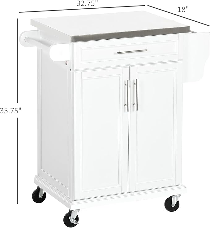 HOMCOM Kitchen Island on Wheels, Rolling Kitchen Cart with Stainless Steel Countertop, Drawer, Towel Rack and Spice Rack, Utility Storage Trolley, White - LeafyLoom