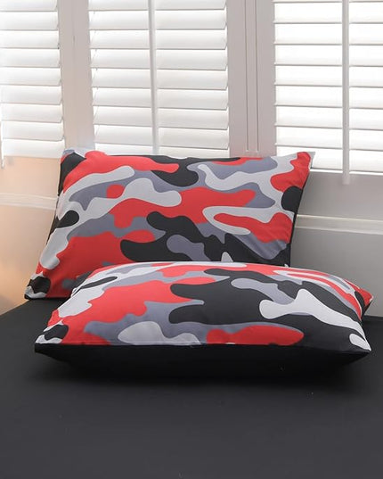 Meeting Story Camouflage Bedding Set, Colorful Pattern Style Comforter Set, 5 PCS One Comforter Two Pillowcases Two Sheets in One Bag, All Season Bedspread for Teens Adults (Red-Black, Full 5Pcs) - LeafyLoom