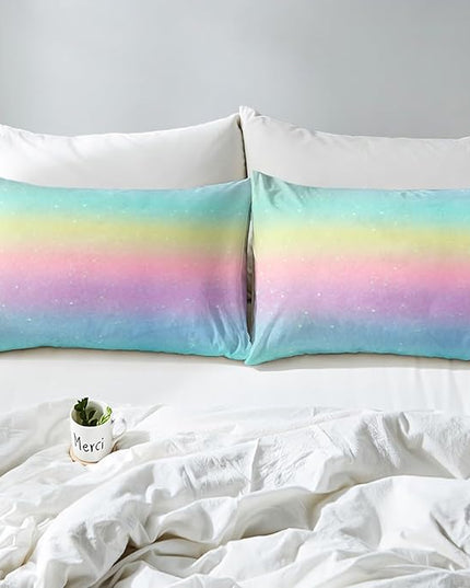 Erosebridal Blue Gradient Bedding Rainbow Tie Dye Bedding Comforter Sets for Kids Boys Girls Bedroom, Galaxy Glitter Comforter Set Pastel Watercolor Sparkle Quilt with 2 Pillowcases, Queen - LeafyLoom