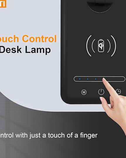LED Desk Lamp with Wireless charging，Dimmable Desk Light, 5 Light Colors, 6 Brightness Levels, Touch Control Table Lamp with USB Rechargeable, Auto Timer, for College Dorm, Home, Office - LeafyLoom