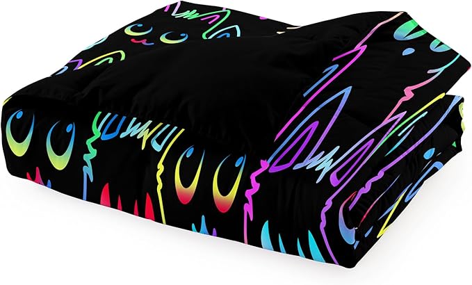 Cat Comforter Set for Girls Room - Colorful Cartoon Cats Bedding Set for Girls Bedroom Girls Room Decor Ultra Soft Cats Comforter Set for All-Season with 1 Comforter and 2 Pillowcases, Queen Size - LeafyLoom