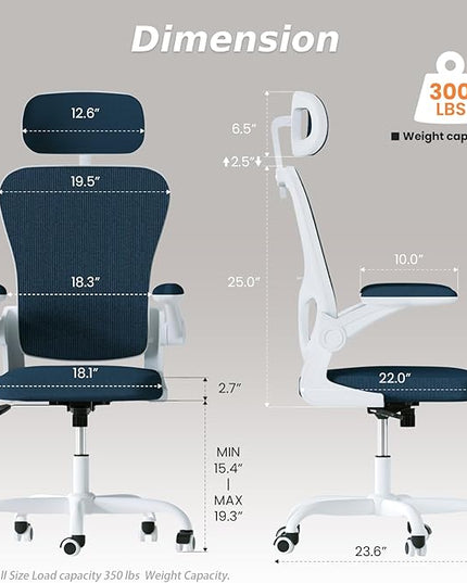 Ergonomic Office Chair, High Back Home Desk Chair with Adjustable Lumbar Support and Headrest, Breathable Mesh Swivel Task Chair, Executive Computer Chair White, 1 Pack - LeafyLoom