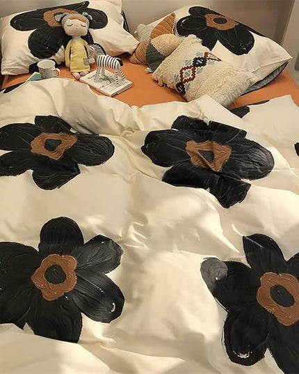 Black Floral Comforter Set Black and White Bedding Queen Comforter Set Flowers Cotton Women Modern Elegant Chic Quilts Blankets Lightweight Black Flower Reversible Bed Comforter Set - LeafyLoom