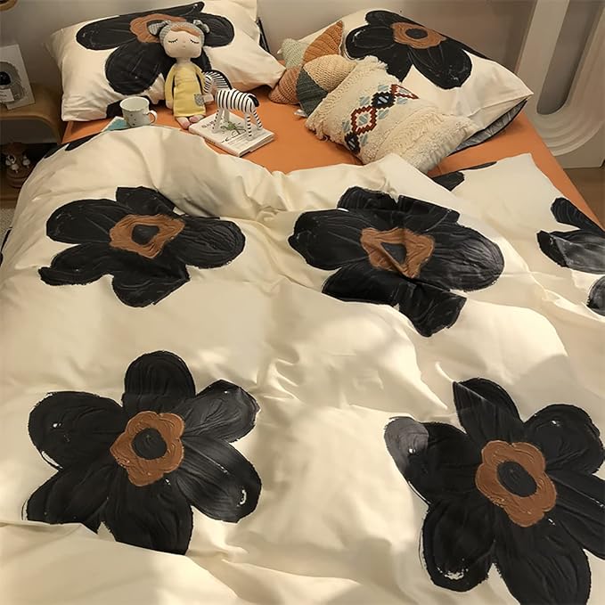 Black Floral Comforter Set Black and White Bedding Queen Comforter Set Flowers Cotton Women Modern Elegant Chic Quilts Blankets Lightweight Black Flower Reversible Bed Comforter Set - LeafyLoom