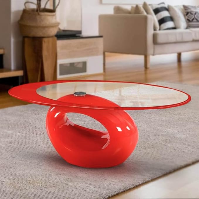 Fab Glass and Mirror CTR-FAB30000 Oval Glass Coffee Table, 43.5 in x 25.5 in x 16 in, Red - LeafyLoom