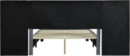 Queen Upholstered Platform Bed Frame with Extended Headboard and and Two Shelves, Velvet Bed, No Box Spring Needed, Gray - LeafyLoom
