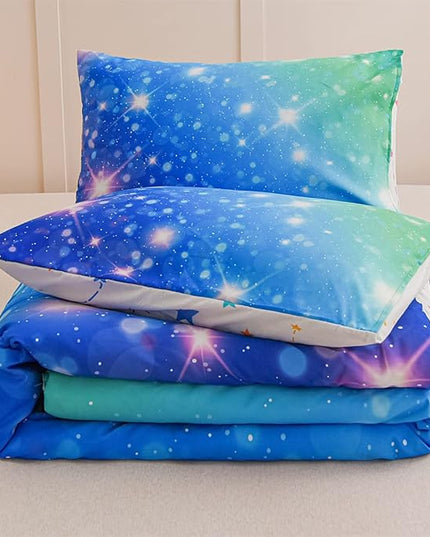 Holawakaka Kids Space Star Glitter Comforter Set Ombre Blue & Green Print Gradient Bedding Set Twin Size(Blue Green, Twin) - LeafyLoom
