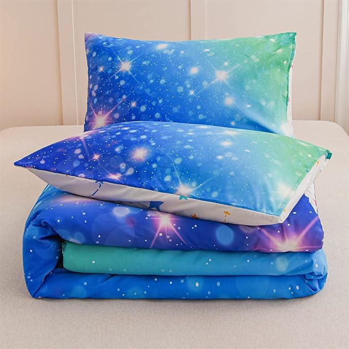 Holawakaka Kids Space Star Glitter Comforter Set Ombre Blue & Green Print Gradient Bedding Set Twin Size(Blue Green, Twin) - LeafyLoom