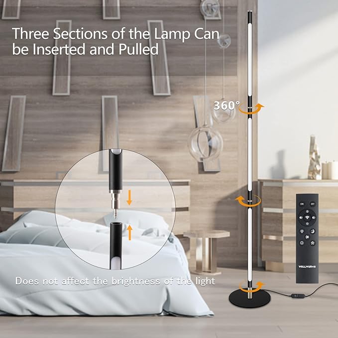 Modern Foor Lamp, Corner Lamp, Floor Lamp with Three Light Source, Led Floor Lamp with Remote & Touch Control, Black Standing Lamp for Bedroom, Livingroom, Ofiice - LeafyLoom