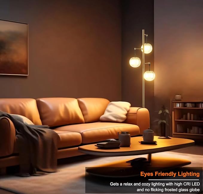 Modern 3 Globe Gold Floor Lamps for Living Room with Acrylic Crystal Sphere Shade and 3000K LED Bulbs, Contemporary Mid Century Standing Lamp, Farmhouse Retro for Bedroom Office - LeafyLoom