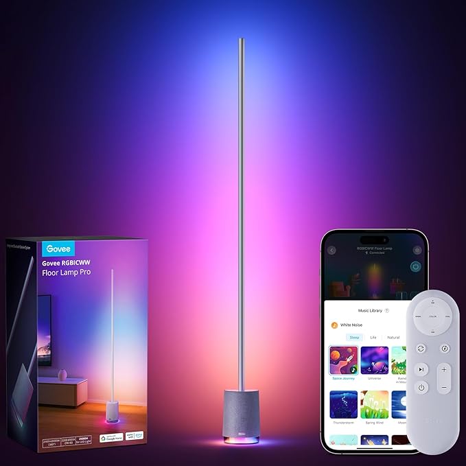 Govee Floor Lamp Pro, RGBIC LED Lamp with Bluetooth Speaker and White Noise, 2100 Lumens Standing Lamp, Works with Alexa, 16 Million Colors, Music Sync, Floor Lamp for Bedroom, Living Room, Gray - LeafyLoom