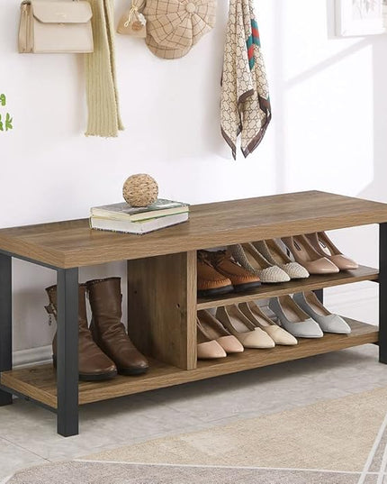 FOLUBAN Industrial Entryway Bench, Rustic Wood and Metal Shoe Storage Bench Seat for Living Room, Oak - LeafyLoom