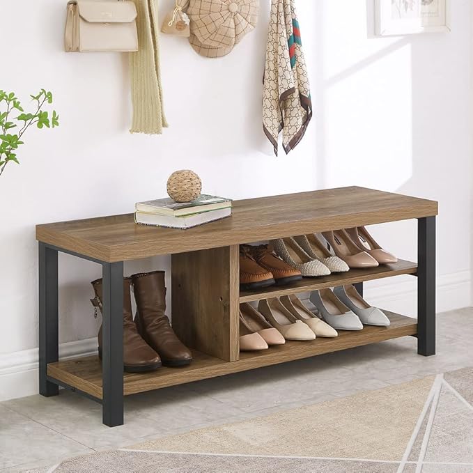 FOLUBAN Industrial Entryway Bench, Rustic Wood and Metal Shoe Storage Bench Seat for Living Room, Oak - LeafyLoom