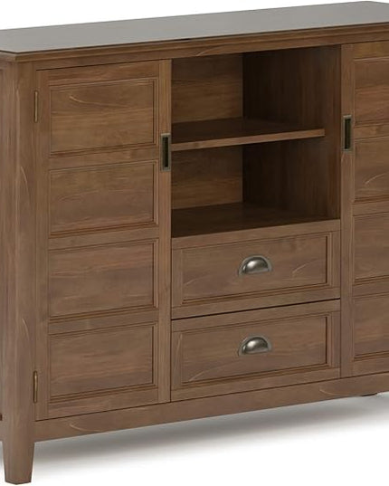 SIMPLIHOME Burlington SOLID WOOD Universal TV Media Stand, 54 inch Wide, Transitional, Living Room Entertainment Center, Storage Shelves and Cabinets, for TVs up to 60 inches in Medium Saddle Brown - LeafyLoom