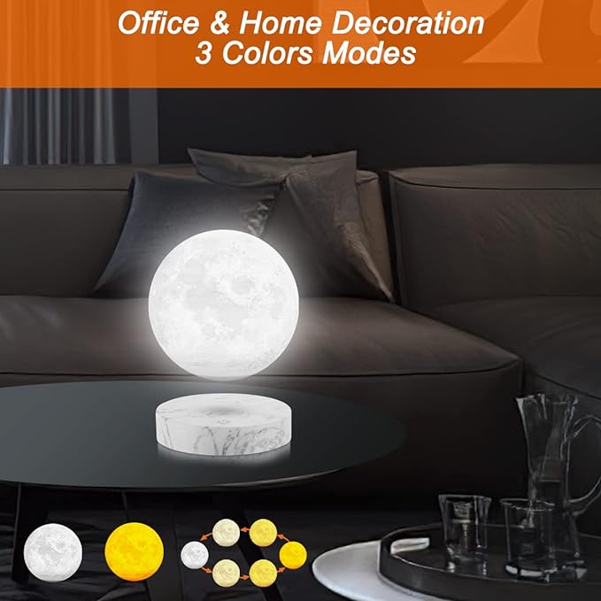 VGAzer Levitating Moon Lamp,Floating and Spinning in Air Freely with 3D Printing LED Moon Light Has 3 Colors for Unique Christmas Gifts,Room Decor (Marble Base 3 Colors) - LeafyLoom