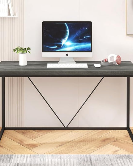 55 inch Computer Desk, Vintage Work Desk for Home Office, Rustic Wood and Metal Study Writing Table, Grey - LeafyLoom