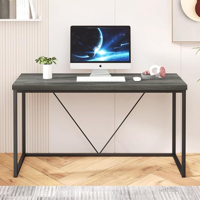 55 inch Computer Desk, Vintage Work Desk for Home Office, Rustic Wood and Metal Study Writing Table, Grey - LeafyLoom