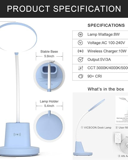 LED Desk Lamp with Wireless Charger for Home Office, Small with Pen Holder, 800LM,3 Color Modes,Gooseneck, Eye-Caring White Desk Lamps for Home College Dorm Room,Blue - LeafyLoom