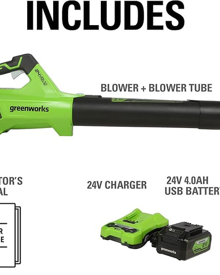 Greenworks 24V (110 MPH / 450 CFM / 125+ Compatible Tools) Cordless Brushless Axial Leaf Blower, 4.0Ah Battery and Charger Included - LeafyLoom