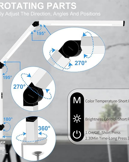 Micomlan LED Desk Lamp for Home Office, Architect Clamp Desk Lamp with Remote Control, Adjustable Swing Arm Clamp on Desk Light Clip-on Dual Light 5 Brightness Levels & 4 CCT Modes Table Light - LeafyLoom