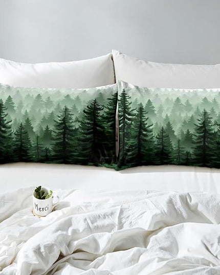 Fog Forest Comforter Botanical Pine Trees Comforter Set for Boys Girls Children Watercolor Style Green Comforter Set Room Decor Full Size Duvet Set 3Pcs - LeafyLoom