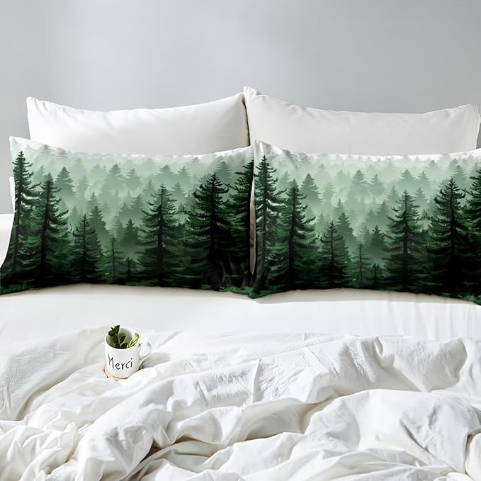 Feelyou Fog Forest Comforter Botanical Pine Trees Comforter Set for Boys Girls Children Watercolor Style Green Comforter Set Room Decor Twin Size Duvet Set 2Pcs - LeafyLoom