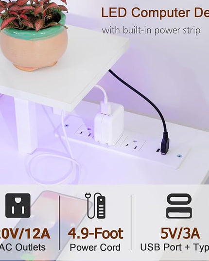 White Computer Desk with LED Light & Power Outlets, 47 Inch Gaming Desk with 4 Fabric Drawers, Office Desk with Monitor Stand, Work Writing Desk with Hooks for Home Office, Bedroom, HGD12WT - LeafyLoom