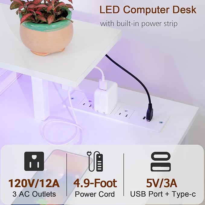 White Computer Desk with LED Light & Power Outlets, 55 Inch Gaming Desk with 4 Fabric Drawers, Office Desk with Monitor Stand, Work Writing Desk with Hooks for Home Office, Bedroom, HGD14WT - LeafyLoom