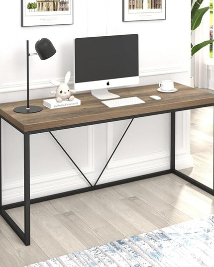 FOLUBAN Industrial Computer Desk, Rustic Wood and Metal Writing Desk, Vintage PC Table for Home Office, Oak 60 inch - LeafyLoom