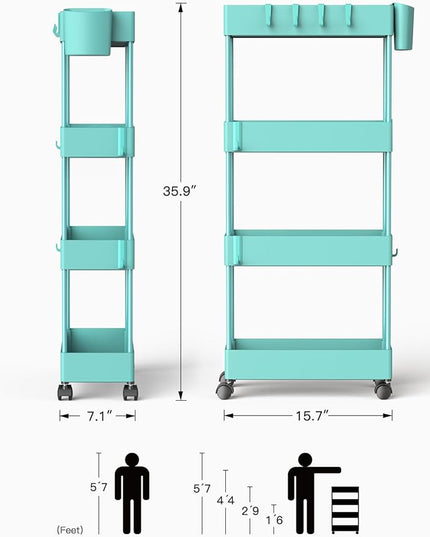 Pipishell Slim Storage Cart with Wheels, 4 Tier Bathroom Storage Organizer Rolling Utility Cart for Bathroom Kitchen Laundry Room Office Narrow Place (Turquoise) - LeafyLoom