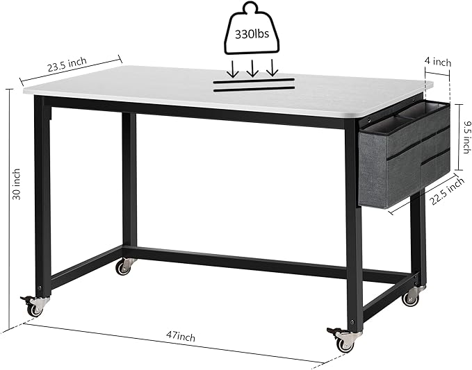 AHB 47" Rolling Computer Desk with 4 Smooth Wheels, Simple Style Mobile Writing Desk Home Office Study Table Movable Workstation with Metal Frame - LeafyLoom