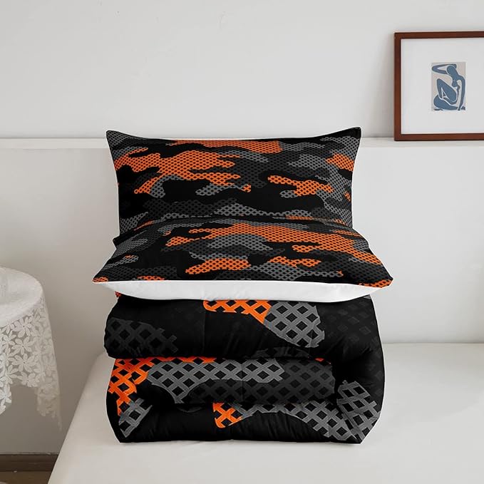 Erosebridal Army Camouflage Comforter Set Full Size Teens Adult Camo Bedding Set for Kids Boys Girls Colorful Pattern Decor Down Comforter Orange Black Grey Duvet Set Geometric Pattern Quilt Set - LeafyLoom