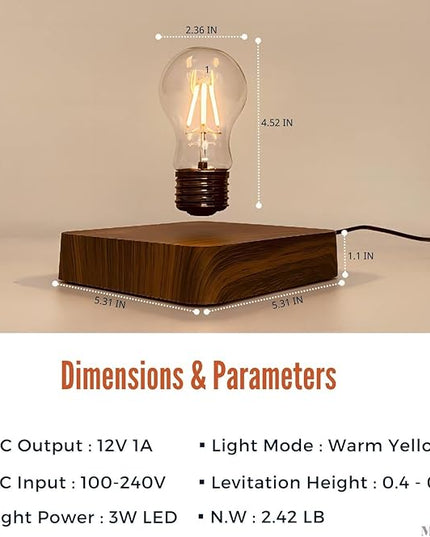 Levitating Bulb Lamp Magnetic Floating Light Desk Lamp Night Light, 360 Degree Wireless Automatic Rotating Light for Gifts Home Office Decor Desk Tech Toys (Square-Dark Brown Base) - LeafyLoom