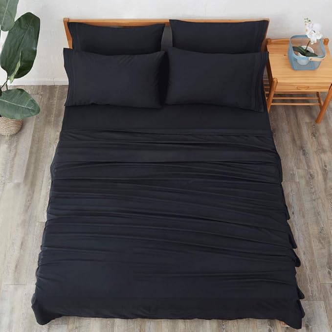 SONORO KATE Bed Sheet Set Super Soft Microfiber 1800 Thread Count Luxury Egyptian Sheets 18-Inch Deep Pocket，Wrinkle and Hypoallergenic-6 Piece (Black, California King-6 Piece) - LeafyLoom