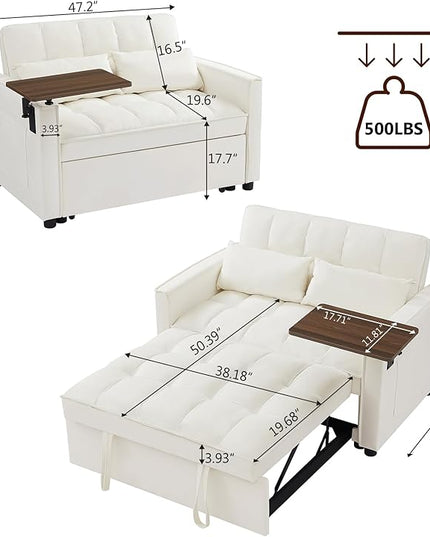 3 in 1 Loveseat Sofa Bed, Pull Out Couch Sleeper with Storage, Full Size Velvet Convertible Chair with 2 Pockets & 2 Pillows for Living Room, White - LeafyLoom