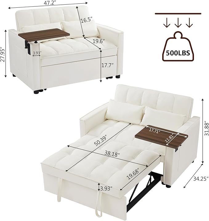 3 in 1 Loveseat Sofa Bed, Pull Out Couch Sleeper with Storage, Full Size Velvet Convertible Chair with 2 Pockets & 2 Pillows for Living Room, White - LeafyLoom