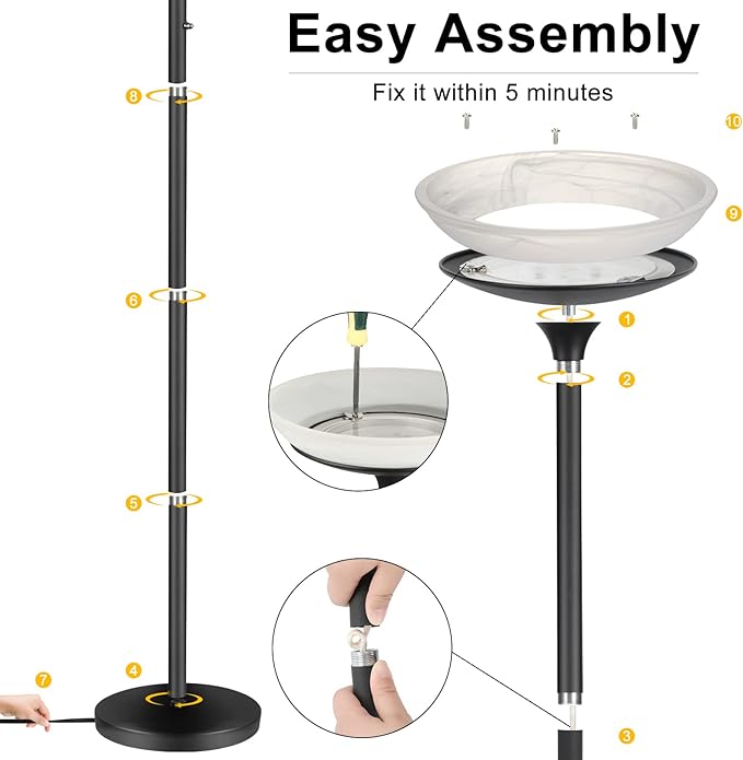 BoostArea Torchiere Floor Lamp, 24W Super Bright LED Standing Lamp, Stepless Dimmable Pole Lamp with 3000K Lighting, Rotary Switch, 70 Inch Tall Metal Modern Floor lamps for Living Room/Bedroom Black - LeafyLoom