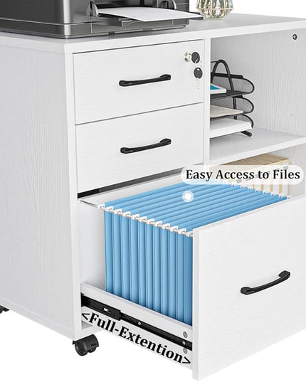 3 Drawer File Cabinets, Mobile Lateral Printer Stand with Open Shelf, Rolling Filing Cabinet with Wheels Home Office Organization and Storage (White) - LeafyLoom