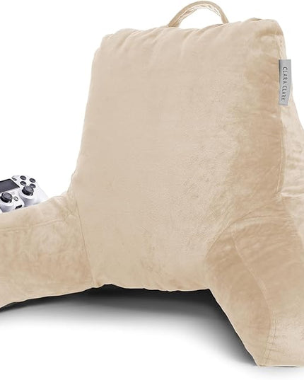 Clara Clark Reading Pillow, Standard Back Pillow for Sitting Up in Bed, Memory Foam Back Support Pillow, Reading Pillows for Sitting in Bed, Beige Cream Sit Up Pillow for Bed, Arm Pillow with Pockets - LeafyLoom